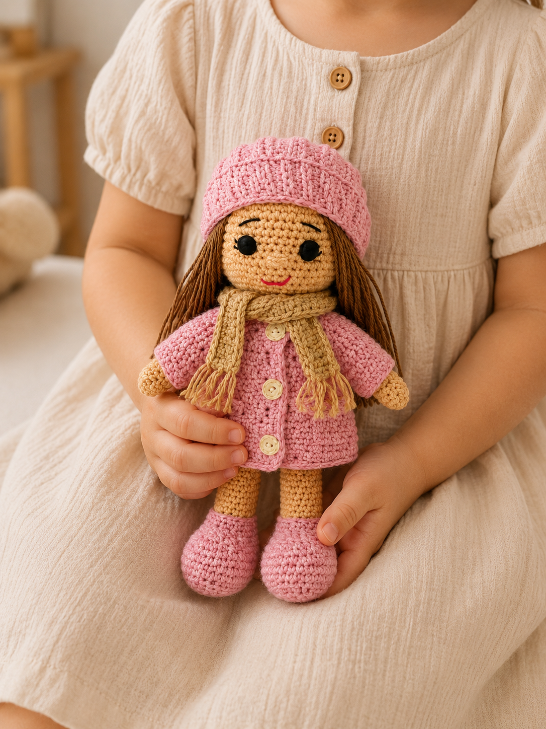 Handmade Crochet Winter Girl Doll - Pink