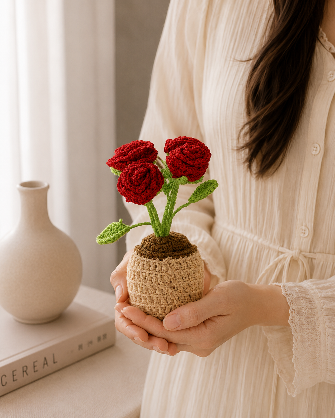 Handmade Crochet Rose Flower Pot