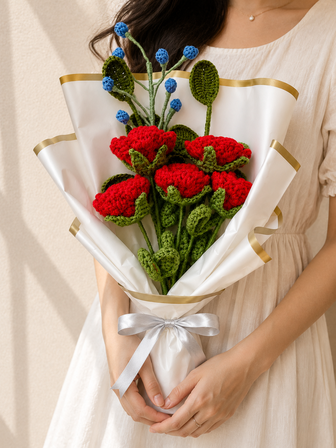 Handmade Crochet Red Carnation Bouquet