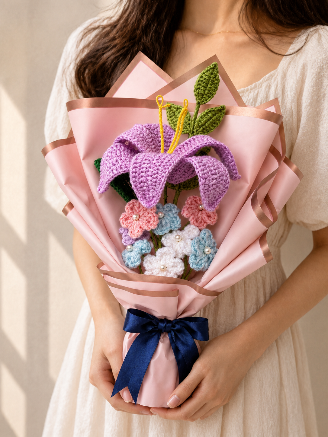 Handmade Crochet Lily & Forget-Me-Not Bouquet