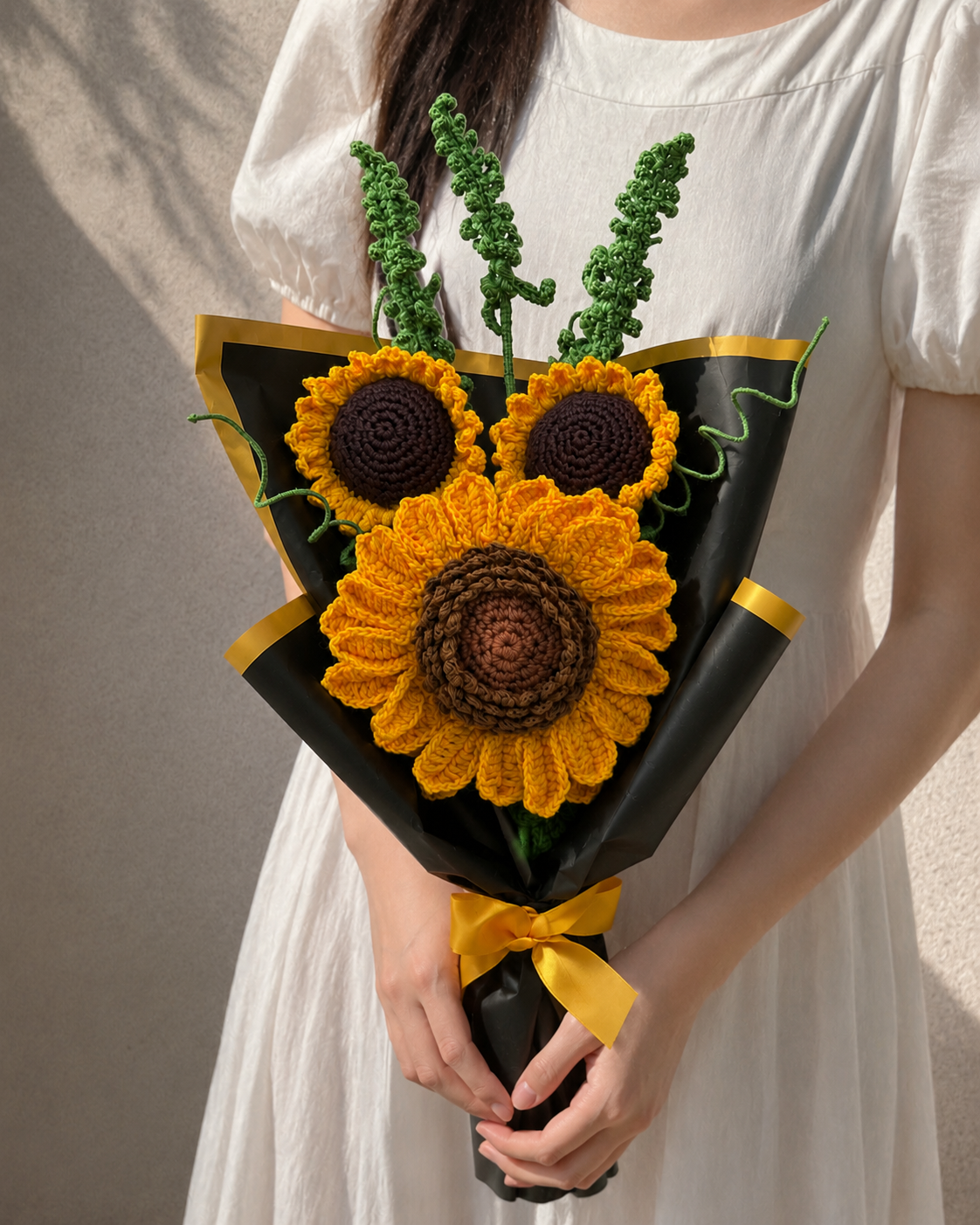 Handmade Crochet Three Sunflower Bouquet