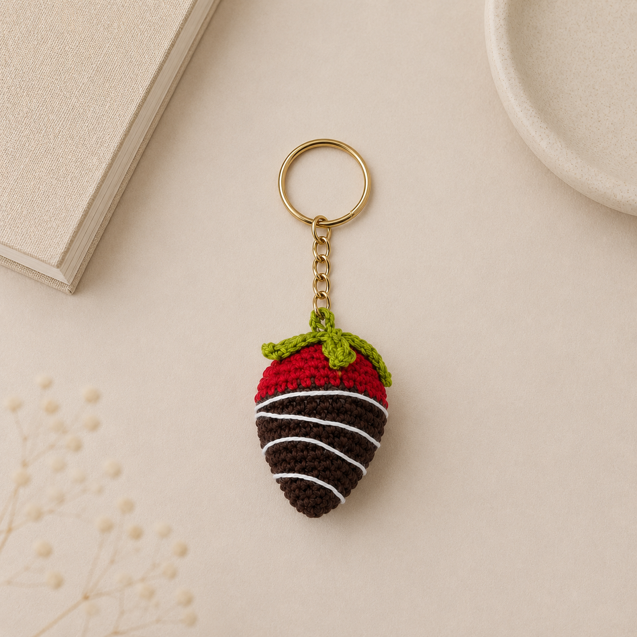 Handmade Crochet Chocolate Dipped Strawberry Keychain