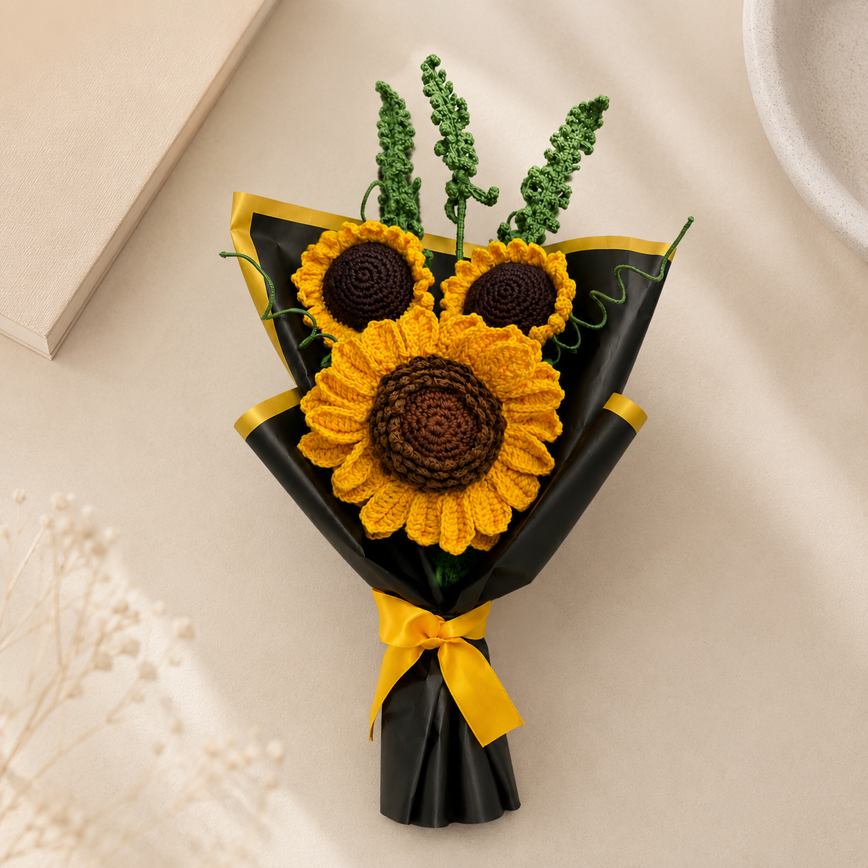 Handmade Crochet Three Sunflower Bouquet