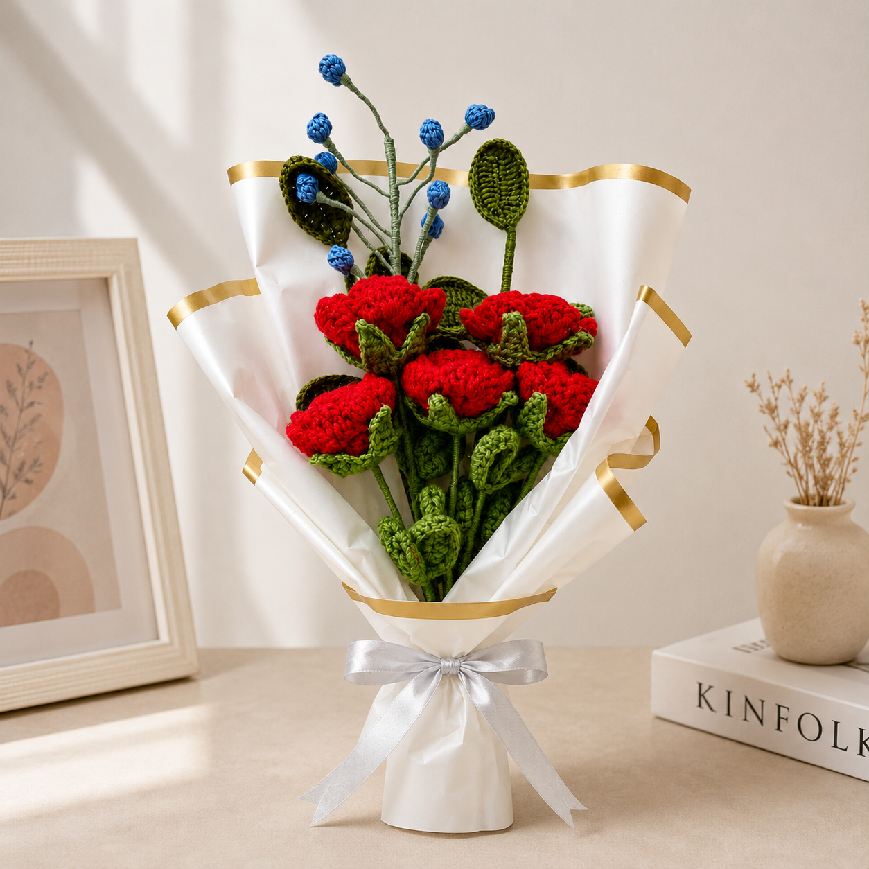 Handmade Crochet Red Carnation Bouquet