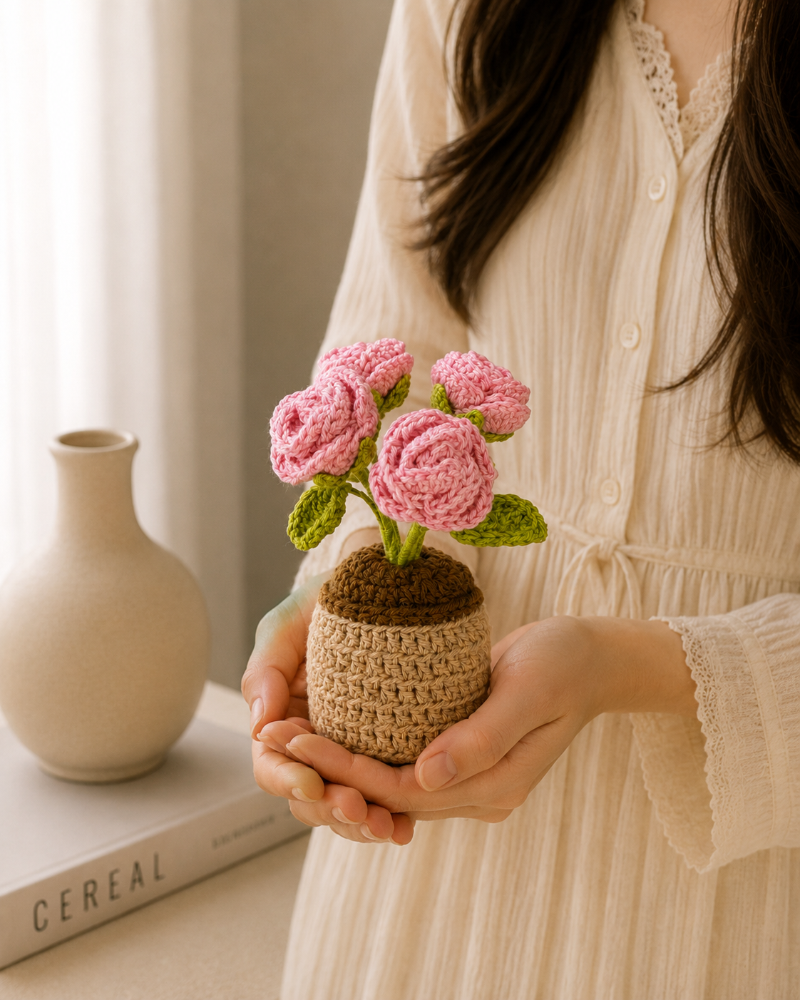 Handmade Crochet Rose Flower Pot