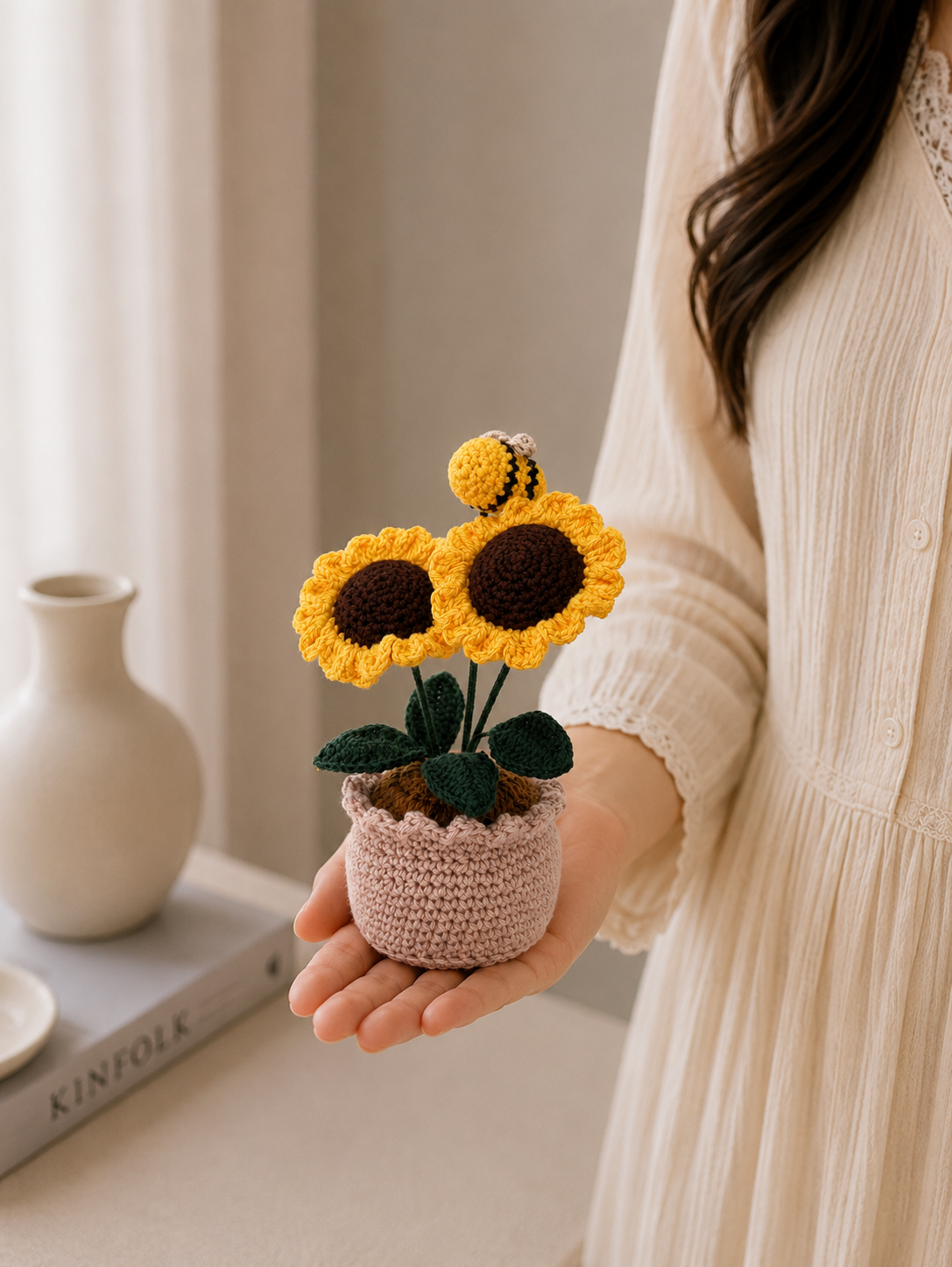 Handmade Crochet Sunflower Pot with Bee