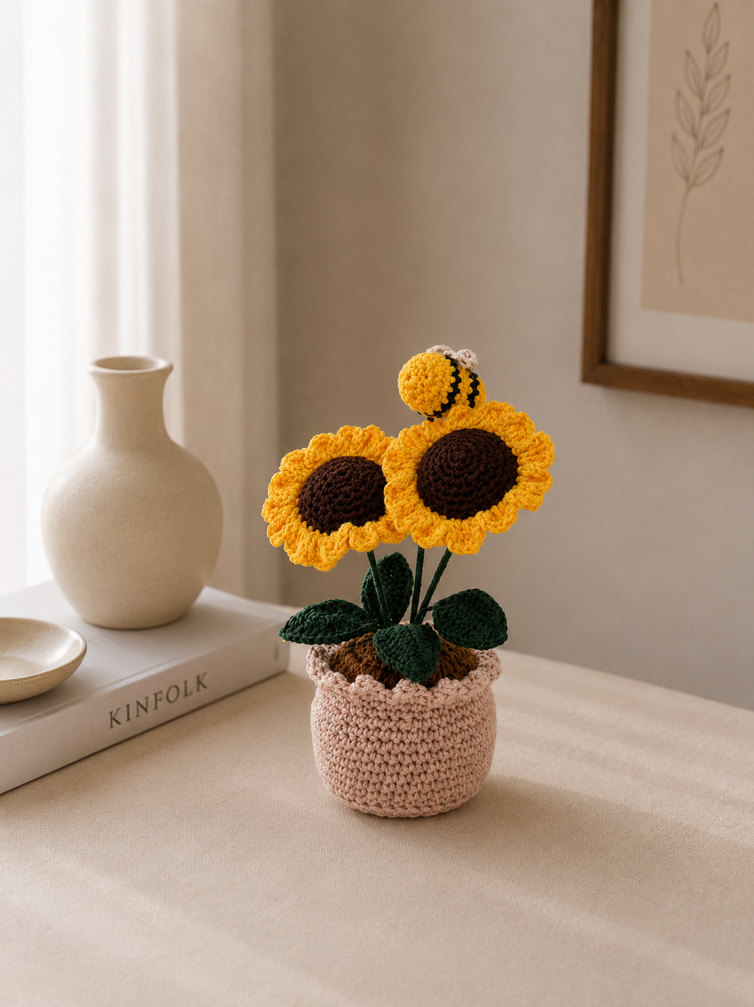Handmade Crochet Sunflower Pot with Bee